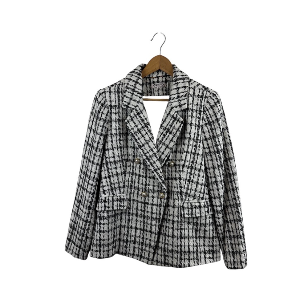 Nanette Lepore Double Breasted Windowpane Cream Tweed Plaid Blazer Sz 12 - Picture 4 of 11